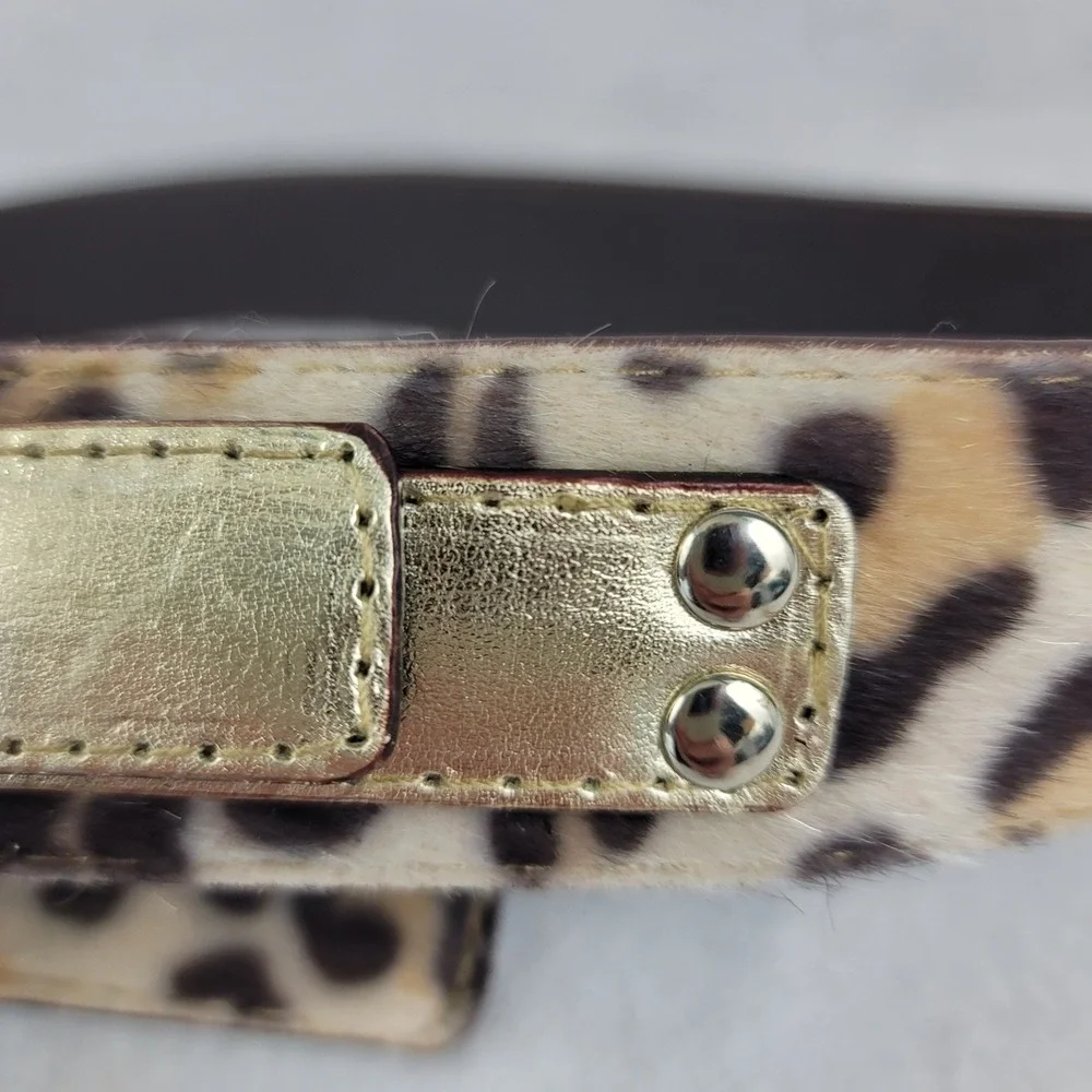 Vintage Womens Leopard Calf Hair Belt Gold Rhinestone Buckle Small Animal Print